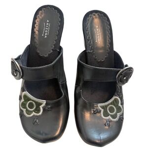 Arizona Jean Company Black Floral Wedge Mules Green Velvet Flower Sz 7-7.5 (Y2K)